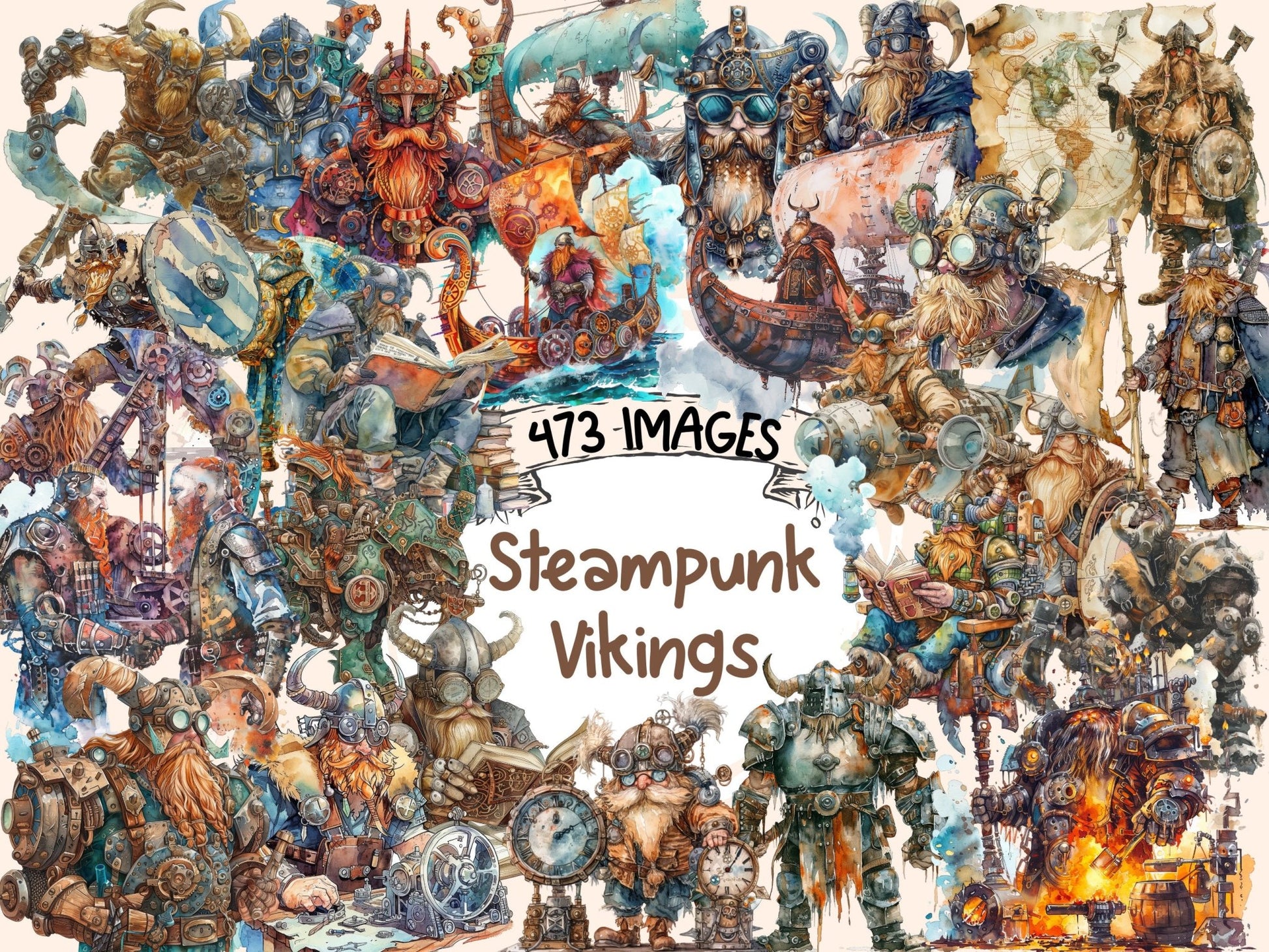 Steampunk Vikings Watercolor Clipart - High - Quality Instant Digital Download for Creative Projects