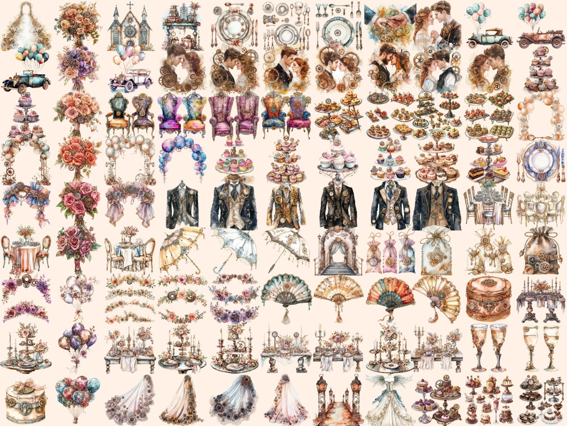 Steampunk Wedding Watercolor Clipart - High - Quality Instant Digital Download for Creative Projects