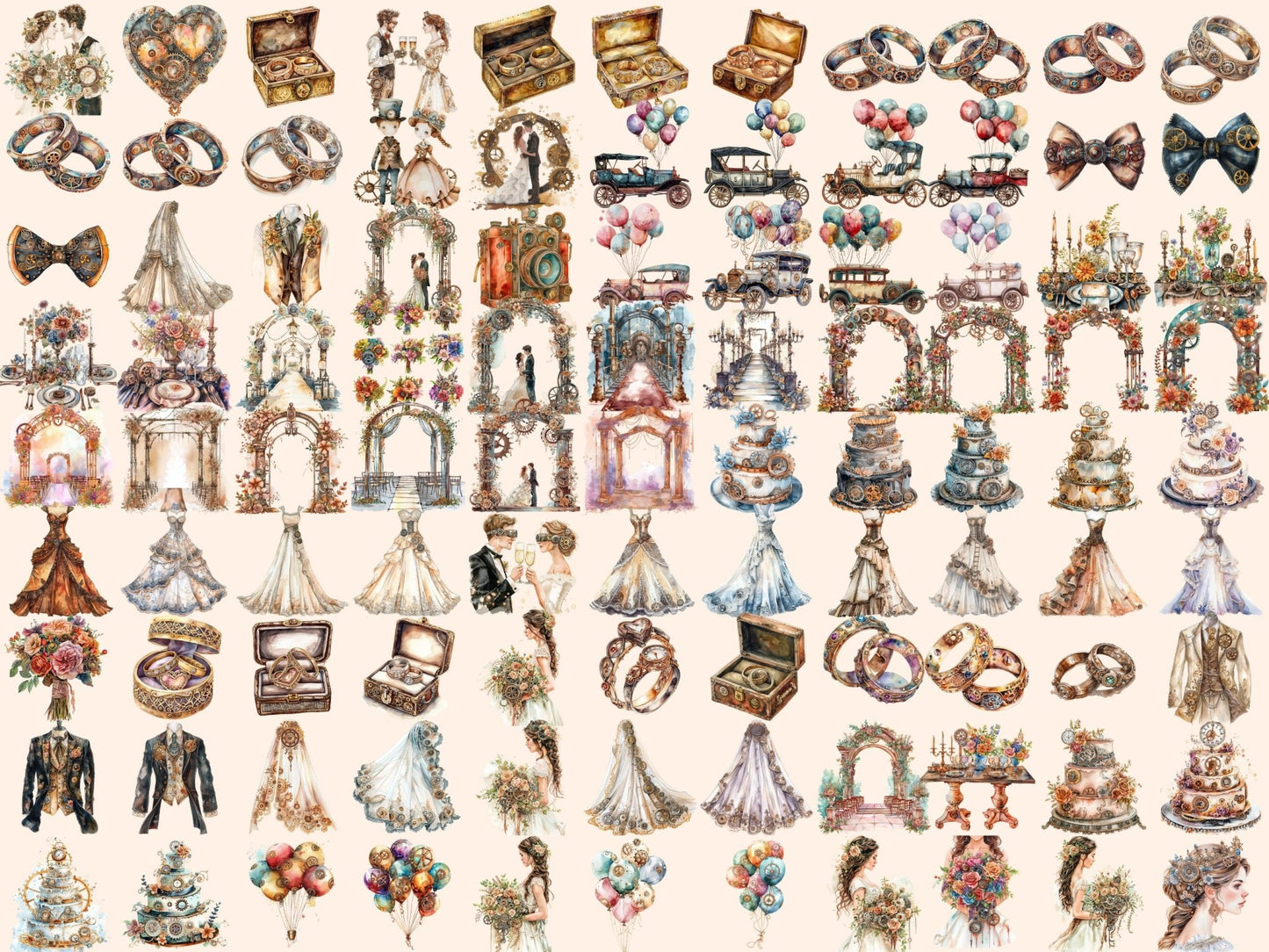 Steampunk Wedding Watercolor Clipart - High - Quality Instant Digital Download for Creative Projects