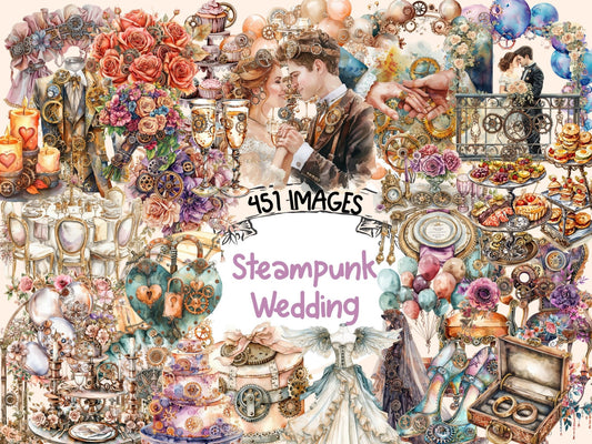 Steampunk Wedding Watercolor Clipart - High - Quality Instant Digital Download for Creative Projects