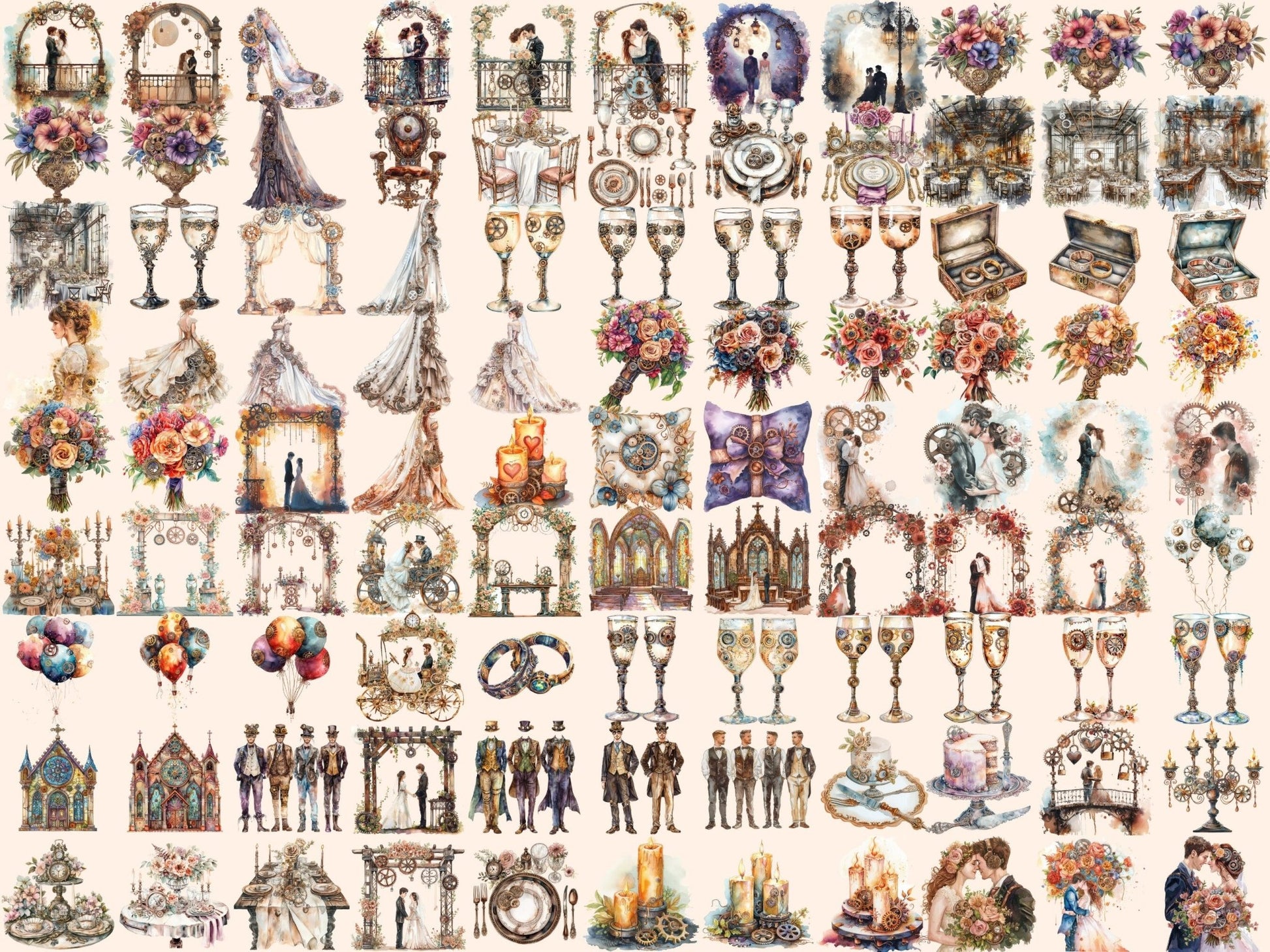 Steampunk Wedding Watercolor Clipart - High - Quality Instant Digital Download for Creative Projects