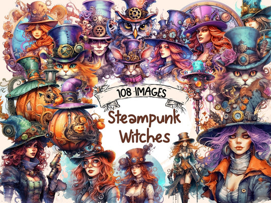 Steampunk Witches Watercolor Clipart - High - Quality Instant Digital Download for Creative Projects