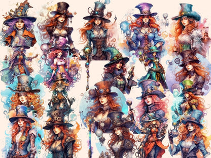 Steampunk Witches Watercolor Clipart gadget witch clipart - Wonders Artist
