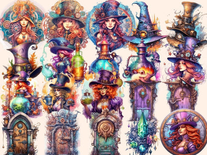 Steampunk Witches Watercolor Clipart gadget witch clipart - Wonders Artist