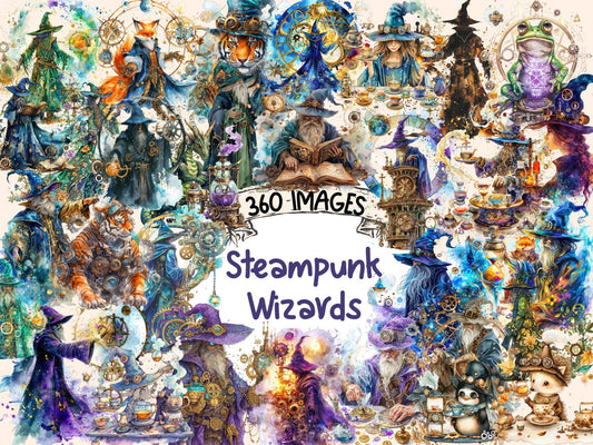 Steampunk Wizards Watercolor Clipart - High - Quality Instant Digital Download for Creative Projects