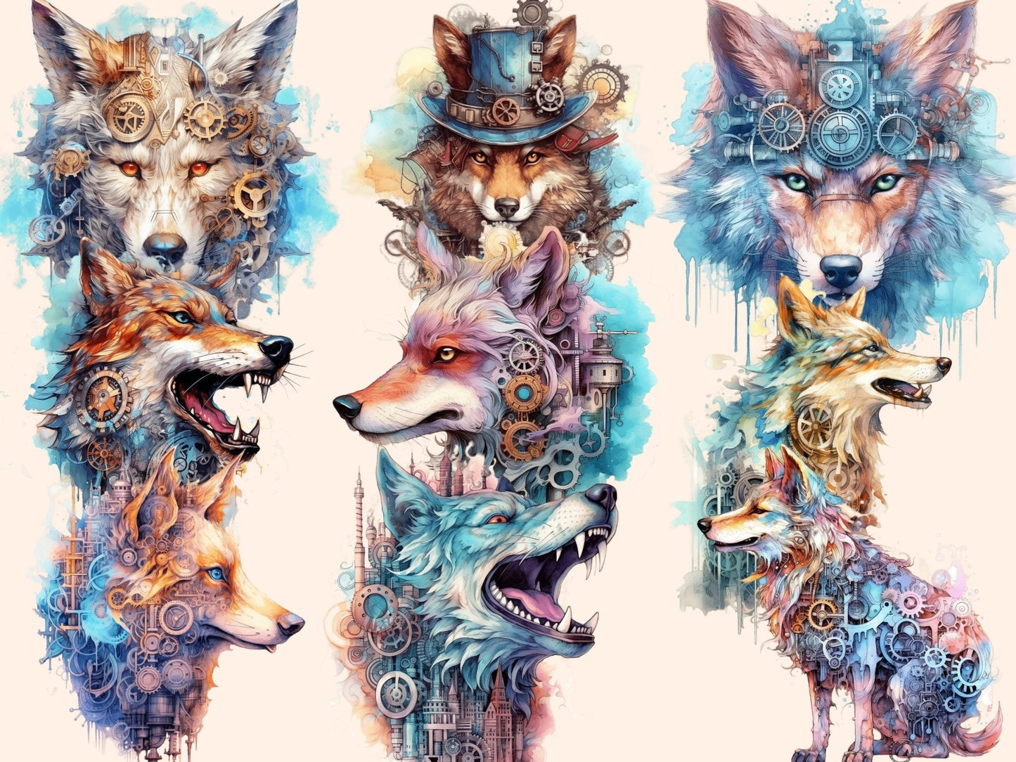 Steampunk Wolves Watercolor Clipart - High - Quality Instant Digital Download for Creative Projects