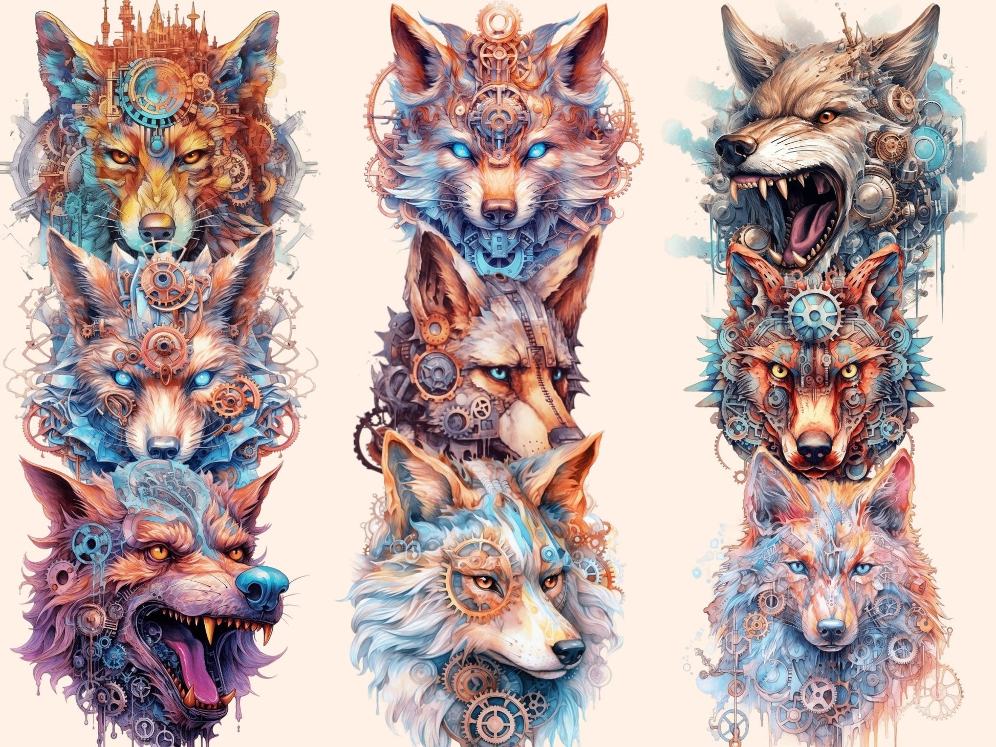 Steampunk Wolves Watercolor Clipart - High - Quality Instant Digital Download for Creative Projects