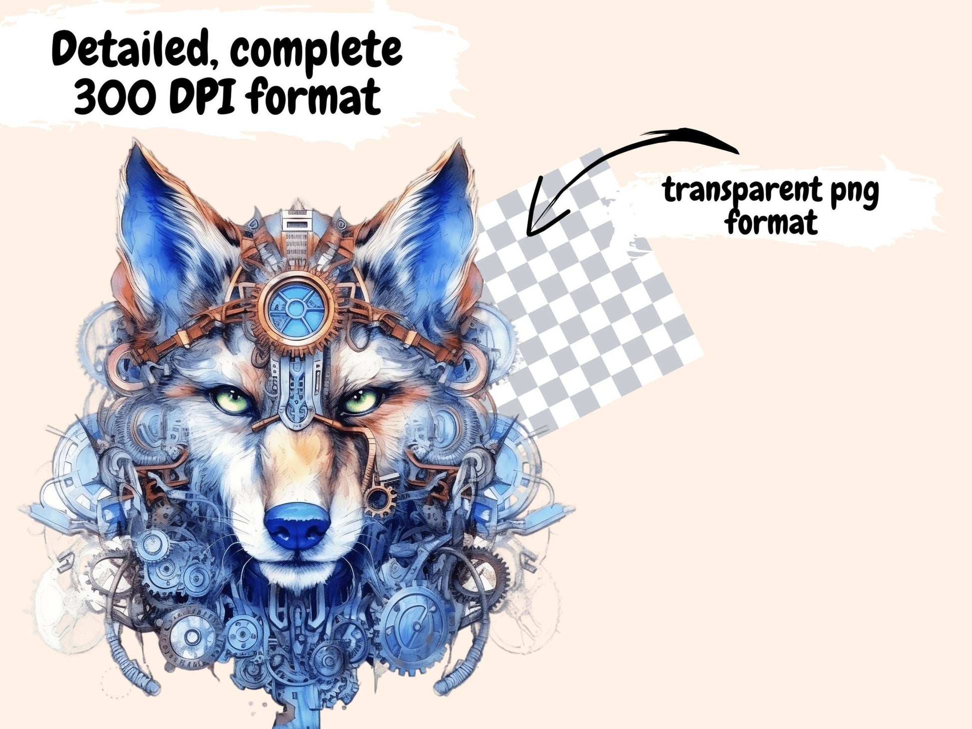 Steampunk Wolves Watercolor Clipart - High - Quality Instant Digital Download for Creative Projects