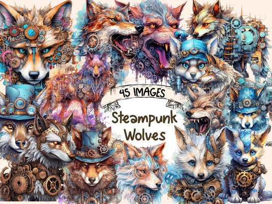 Steampunk Wolves Watercolor Clipart - High - Quality Instant Digital Download for Creative Projects