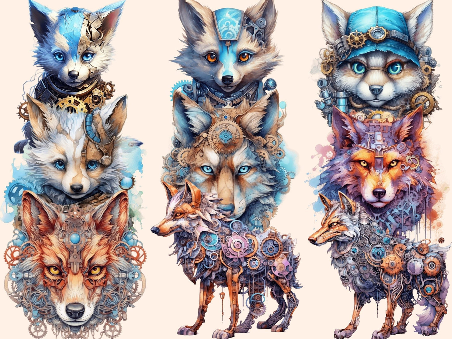 Steampunk Wolves Watercolor Clipart - High - Quality Instant Digital Download for Creative Projects