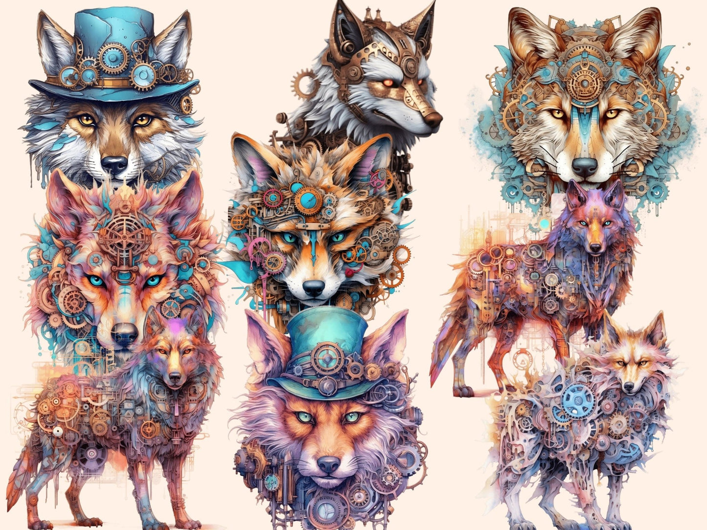 Steampunk Wolves Watercolor Clipart - High - Quality Instant Digital Download for Creative Projects