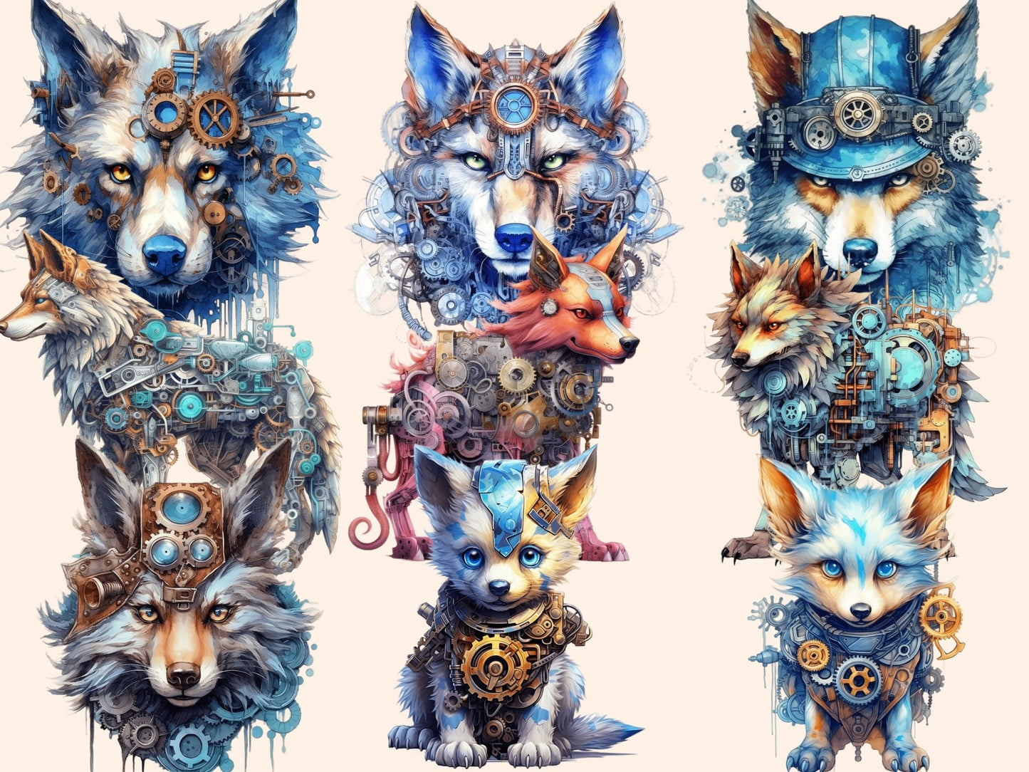 Steampunk Wolves Watercolor Clipart - High - Quality Instant Digital Download for Creative Projects