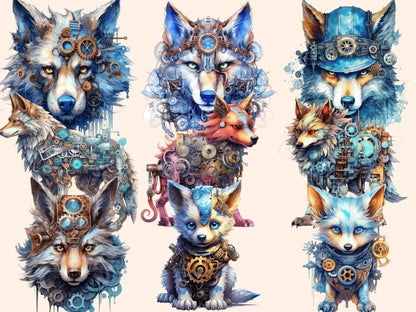 Steampunk Wolves Watercolor Clipart mechanical clipart - Wonders Artist