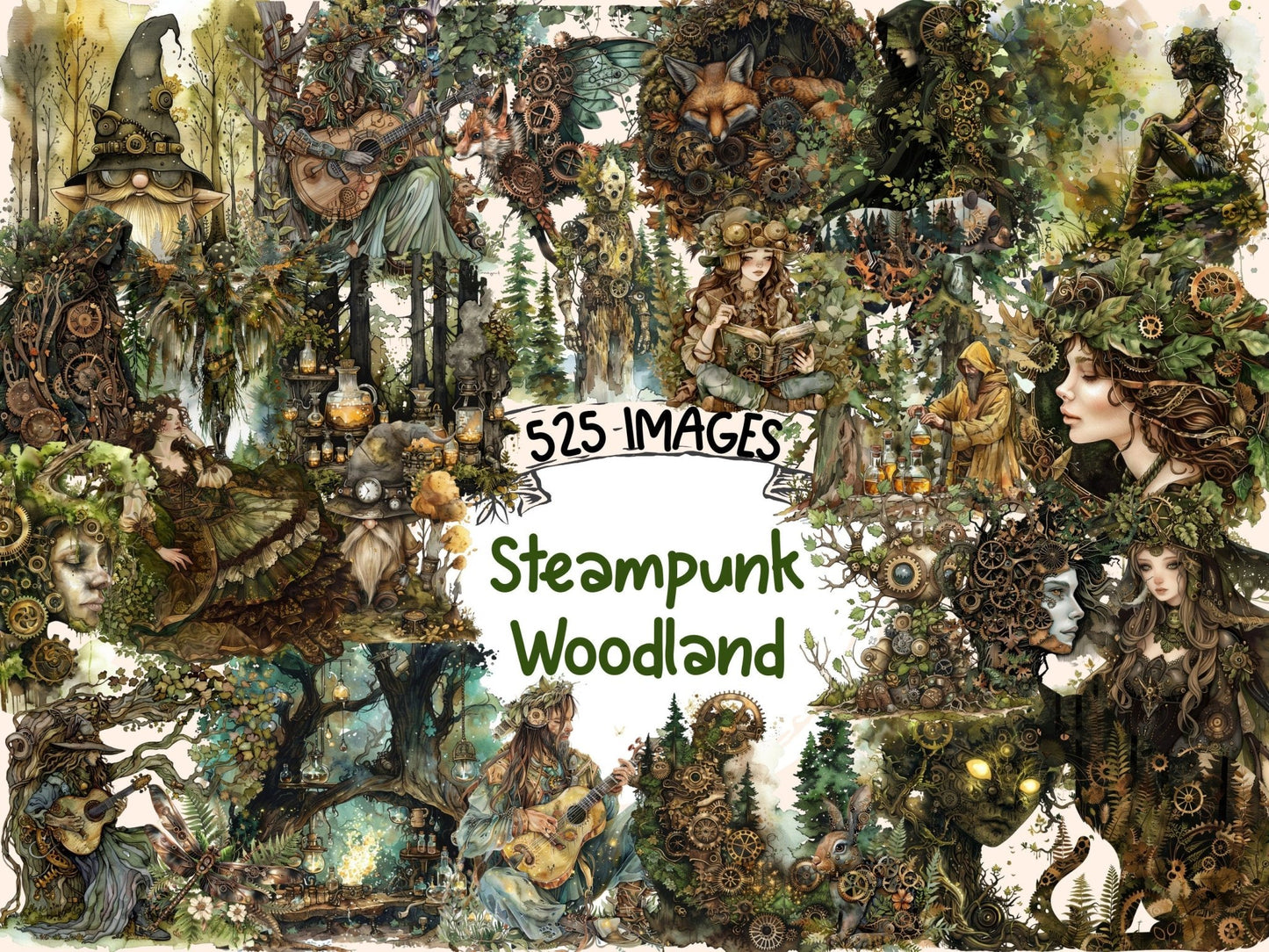 Steampunk Woodland Watercolor Clipart - High - Quality Instant Digital Download for Creative Projects