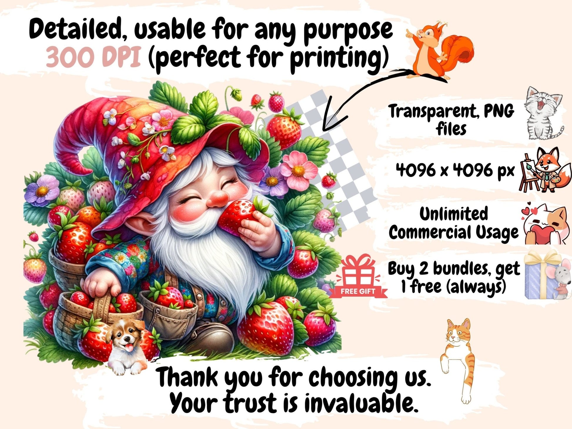 Strawberry Gnomes Clipart - High - Quality Instant Digital Download for Creative Projects