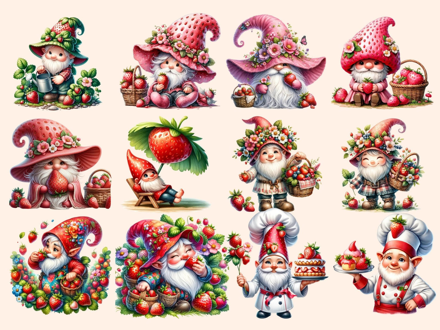 Strawberry Gnomes Clipart - High - Quality Instant Digital Download for Creative Projects