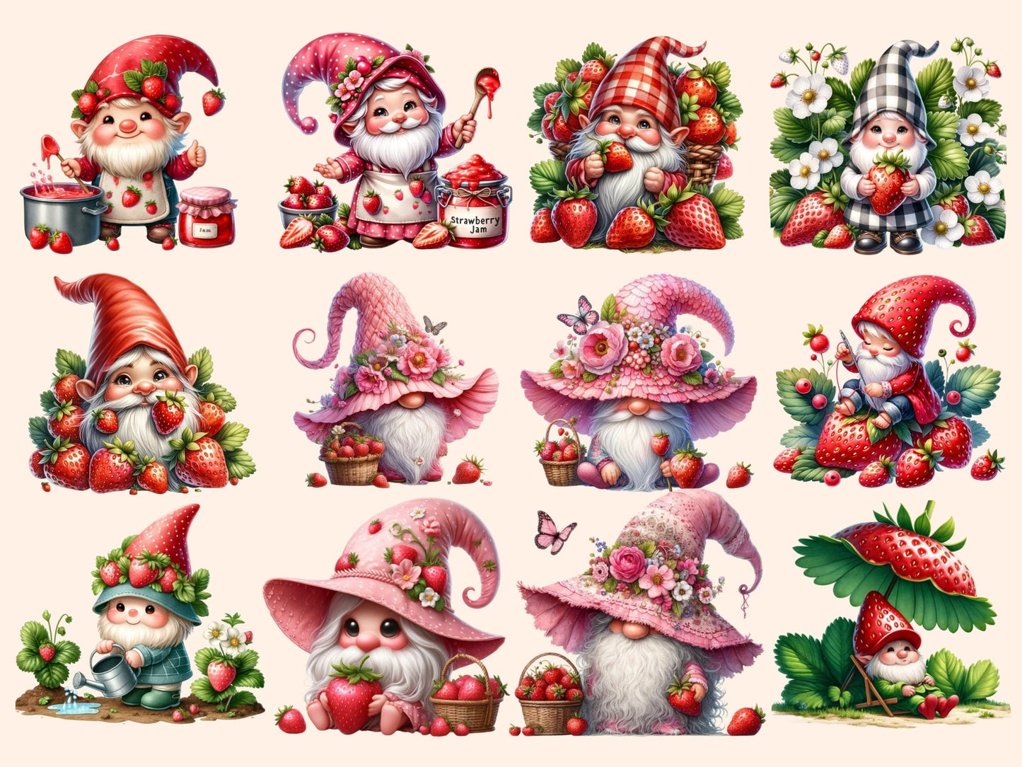 Strawberry Gnomes Clipart - High - Quality Instant Digital Download for Creative Projects