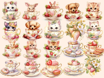 Strawberry Tea Watercolor Clipart cute teacup clipart - Wonders Artist