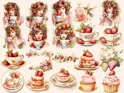 Strawberry Tea Watercolor Clipart cute teacup clipart - Wonders Artist
