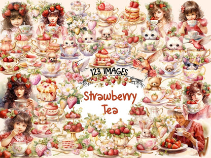 Strawberry Tea Watercolor Clipart cute teacup clipart - Wonders Artist