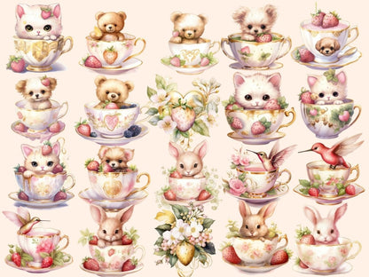 Strawberry Tea Watercolor Clipart cute teacup clipart - Wonders Artist
