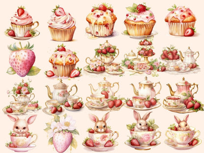 Strawberry Tea Watercolor Clipart cute teacup clipart - Wonders Artist