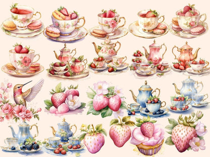 Strawberry Tea Watercolor Clipart cute teacup clipart - Wonders Artist