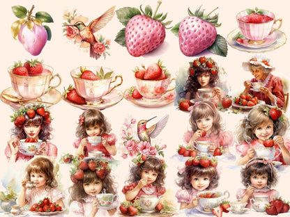 Strawberry Tea Watercolor Clipart cute teacup clipart - Wonders Artist