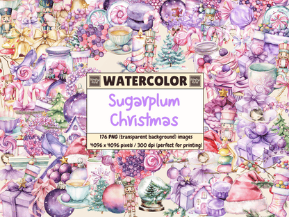 Sugarplum Christmas Watercolor Clipart All Bundles Clipart Line Art - WondersArtist