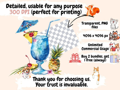 Summer Cocktails Watercolor Clipart Beach Cocktails - Wonders Artist