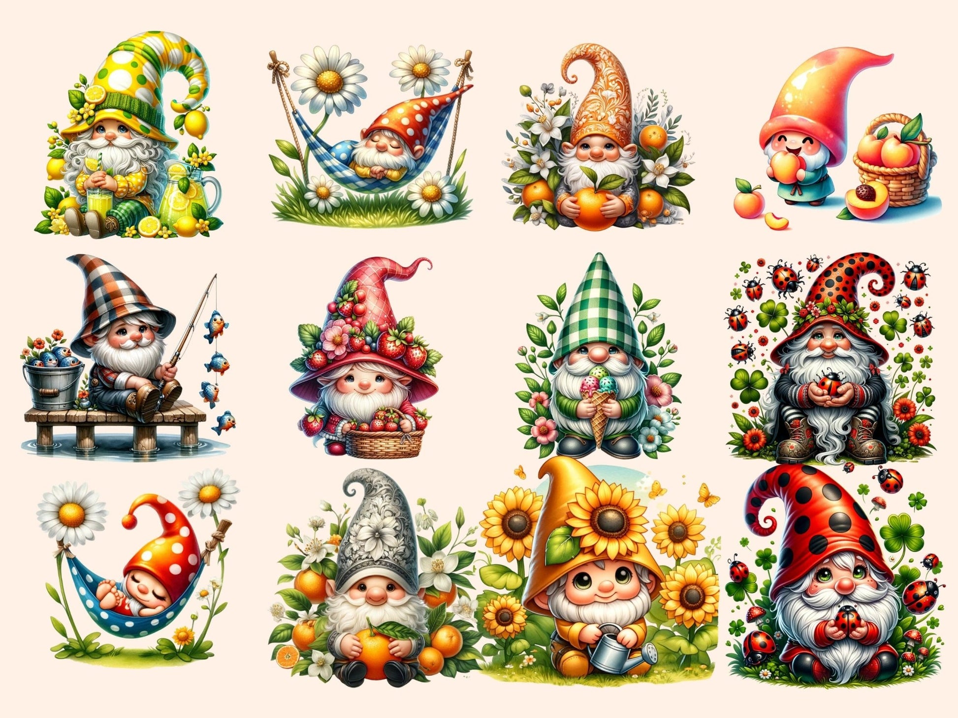 Summer Gnomes Clipart - High - Quality Instant Digital Download for Creative Projects