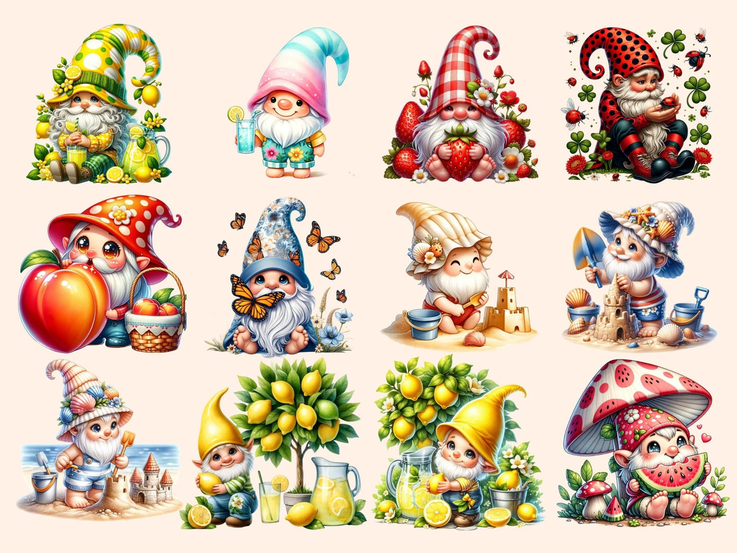 Summer Gnomes Clipart - High - Quality Instant Digital Download for Creative Projects