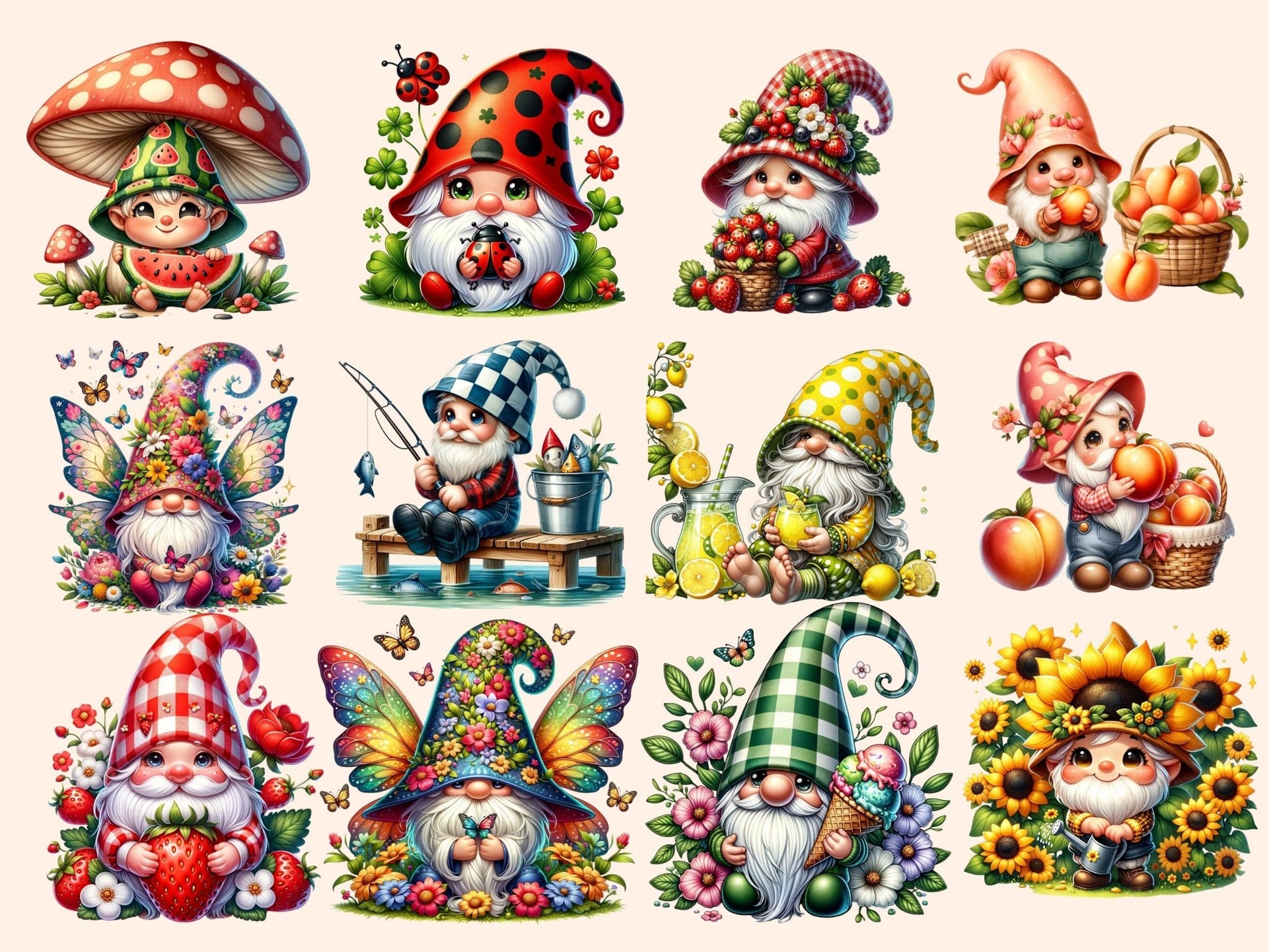 Summer Gnomes Clipart - High - Quality Instant Digital Download for Creative Projects