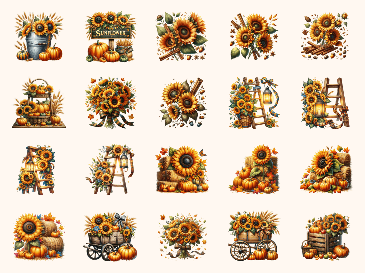 Sunflower Harvest Clipart All Bundles Clipart Line Art - WondersArtist