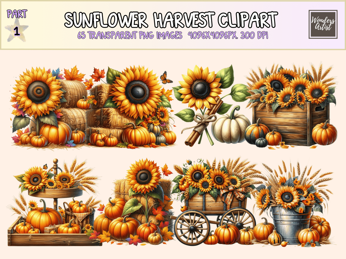 Sunflower Harvest Clipart All Bundles Clipart Line Art - WondersArtist