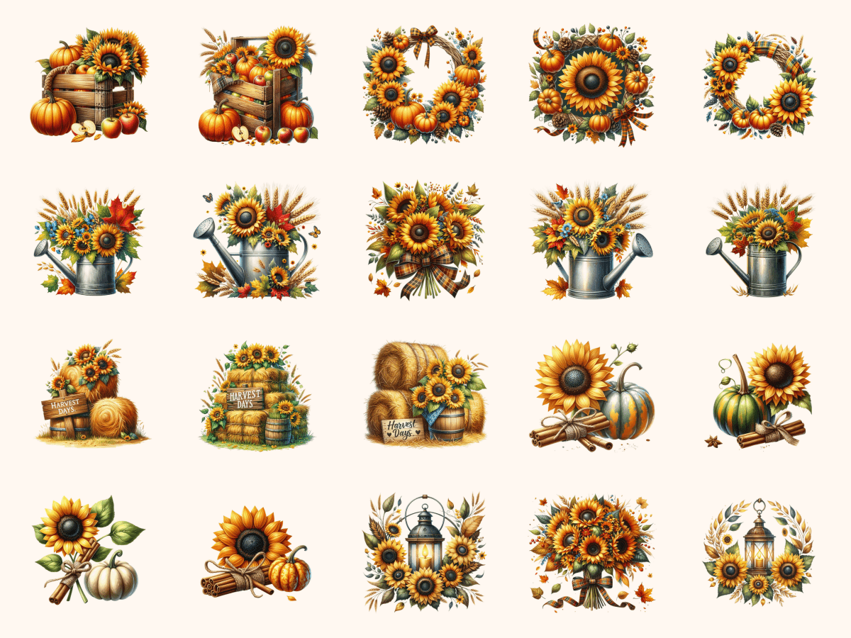 Sunflower Harvest Clipart All Bundles Clipart Line Art - WondersArtist