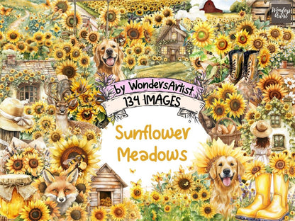 Sunflower Meadows Watercolor Clipart botanical clipart - Wonders Artist