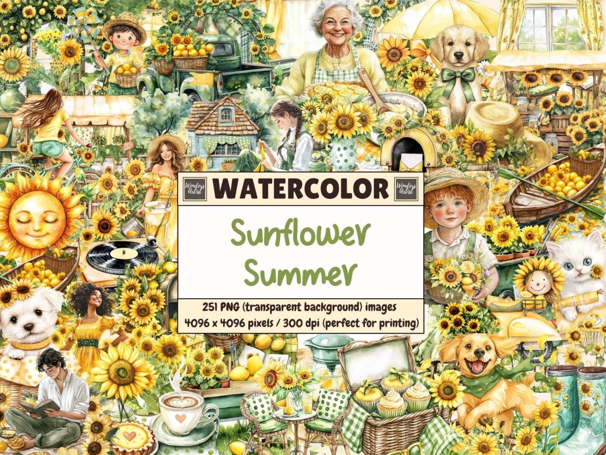 Sunflower Summer Watercolor Clipart farmhouse clipart floral graphics flower bouquet png - WondersArtist