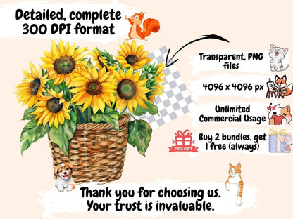 Sunflowers Watercolor Clipart - High - Quality Instant Digital Download for Creative Projects