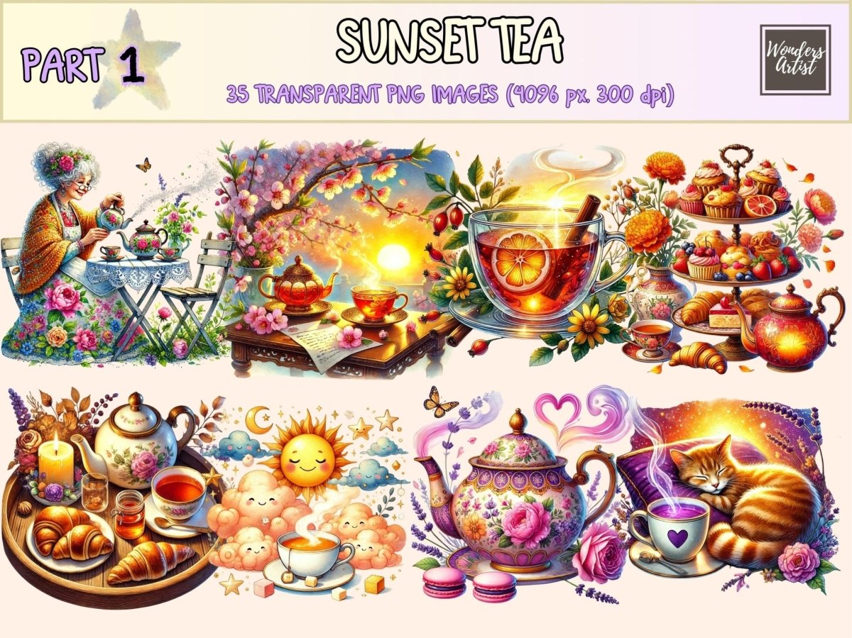 Sunset Tea Clipart cozy tea png evening tea art golden hour tea - WondersArtist
