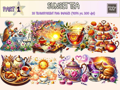 Sunset Tea Clipart cozy tea png evening tea art golden hour tea - WondersArtist