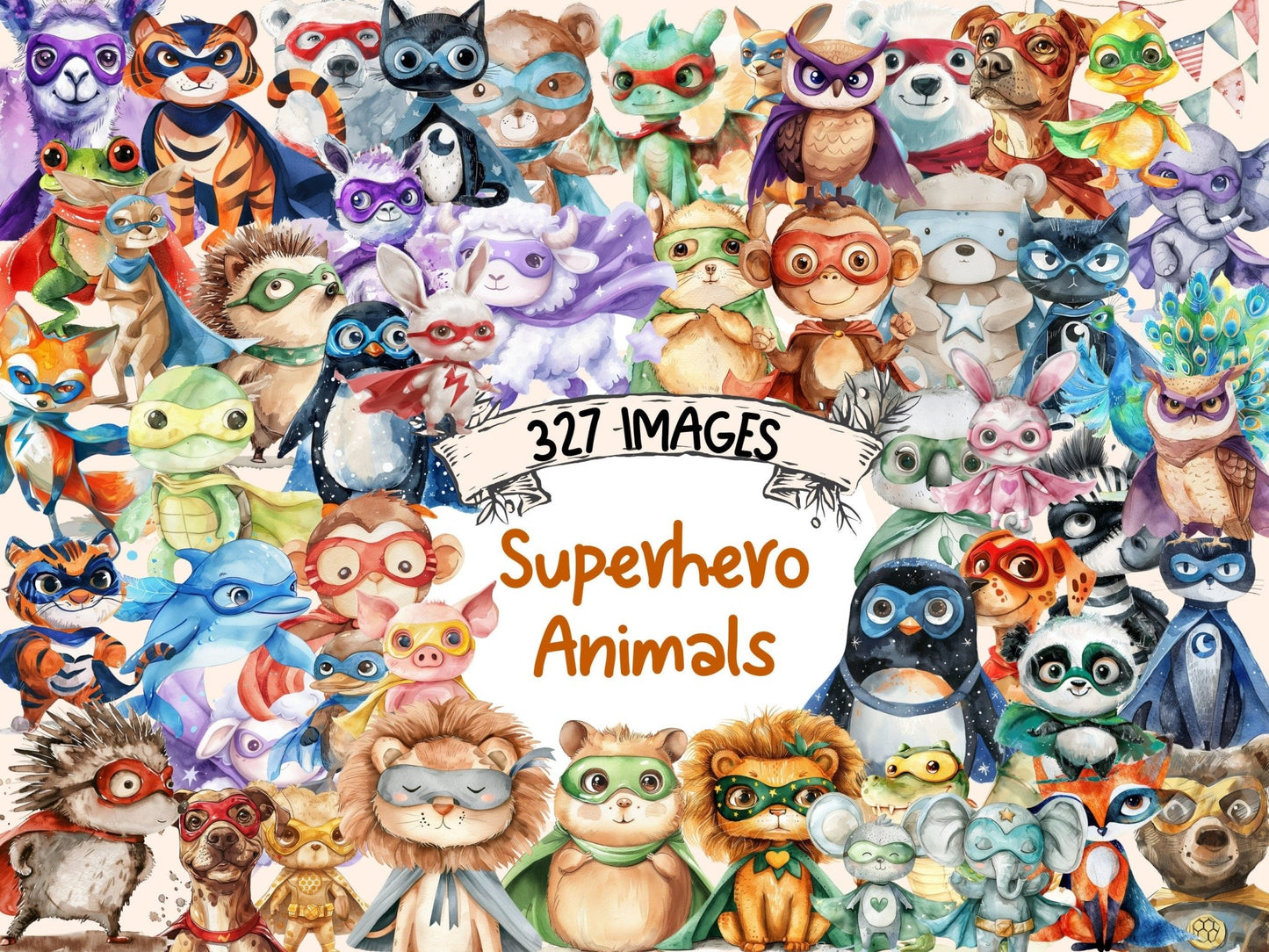 Superhero Animals Watercolor Clipart - High - Quality Instant Digital Download for Creative Projects