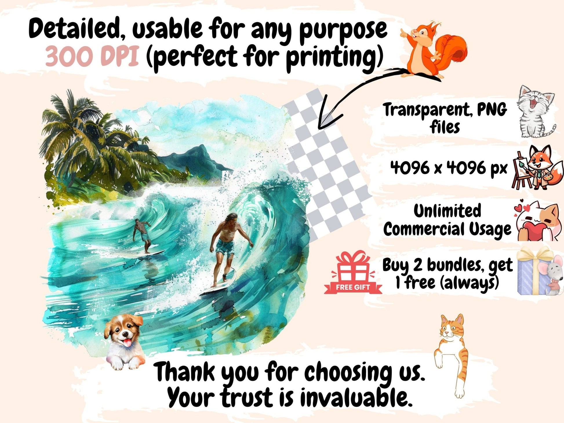 Surfing Watercolor Clipart - High - Quality Instant Digital Download for Creative Projects