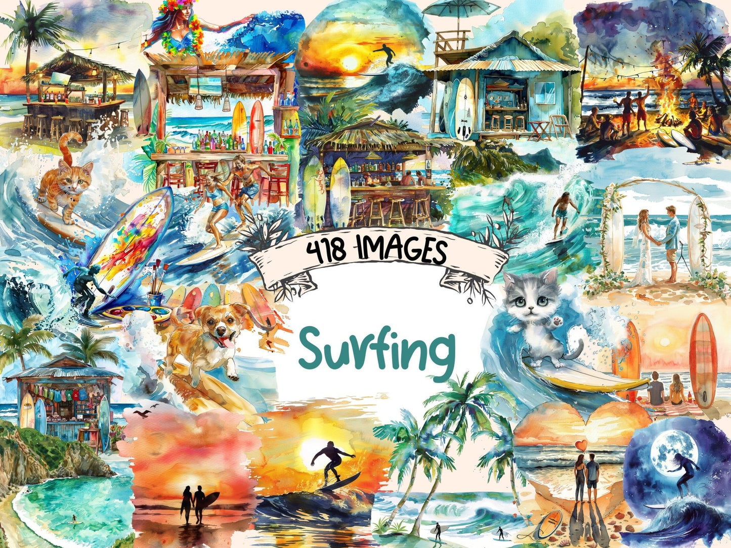 Surfing Watercolor Clipart - High - Quality Instant Digital Download for Creative Projects