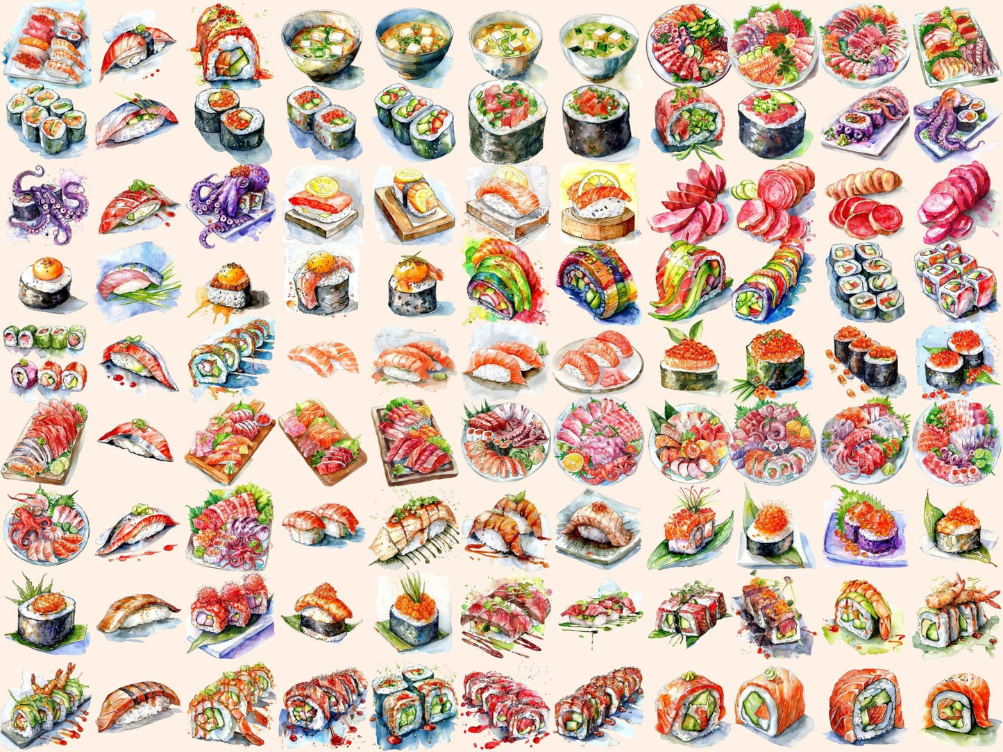 Sushi Watercolor Clipart - High - Quality Instant Digital Download for Creative Projects