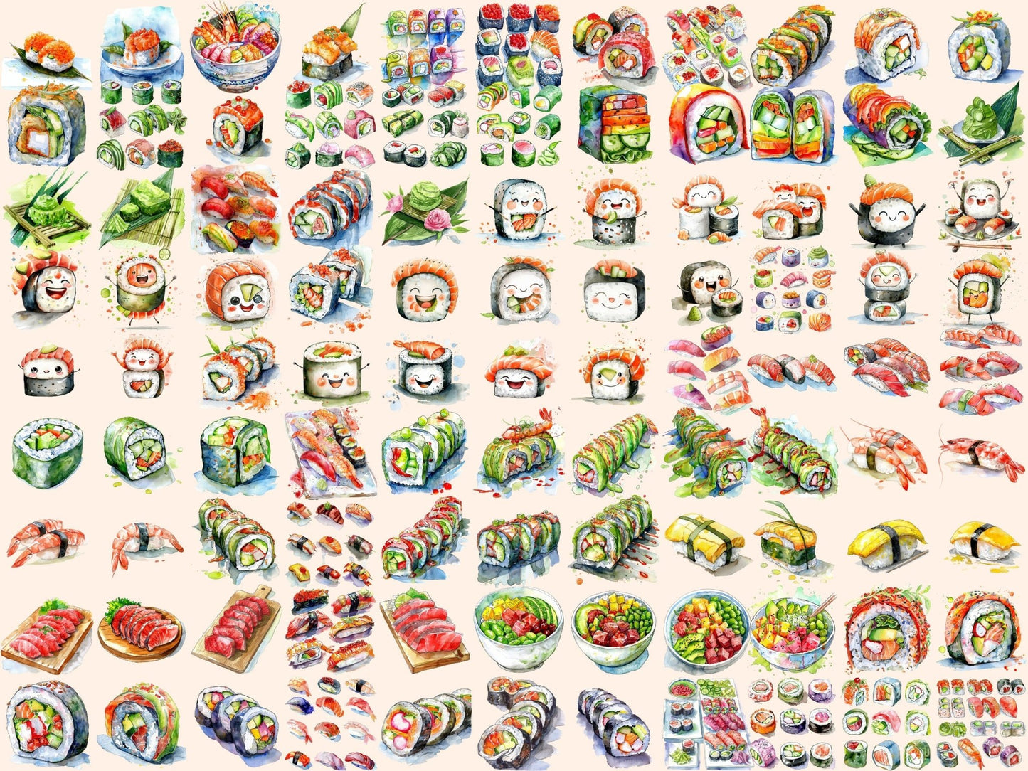 Sushi Watercolor Clipart - High - Quality Instant Digital Download for Creative Projects