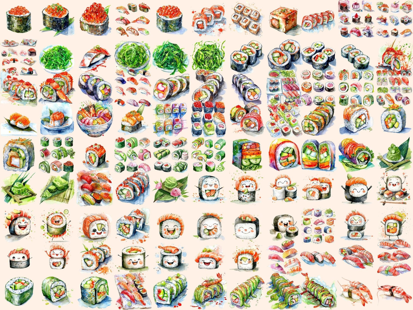 Sushi Watercolor Clipart - High - Quality Instant Digital Download for Creative Projects