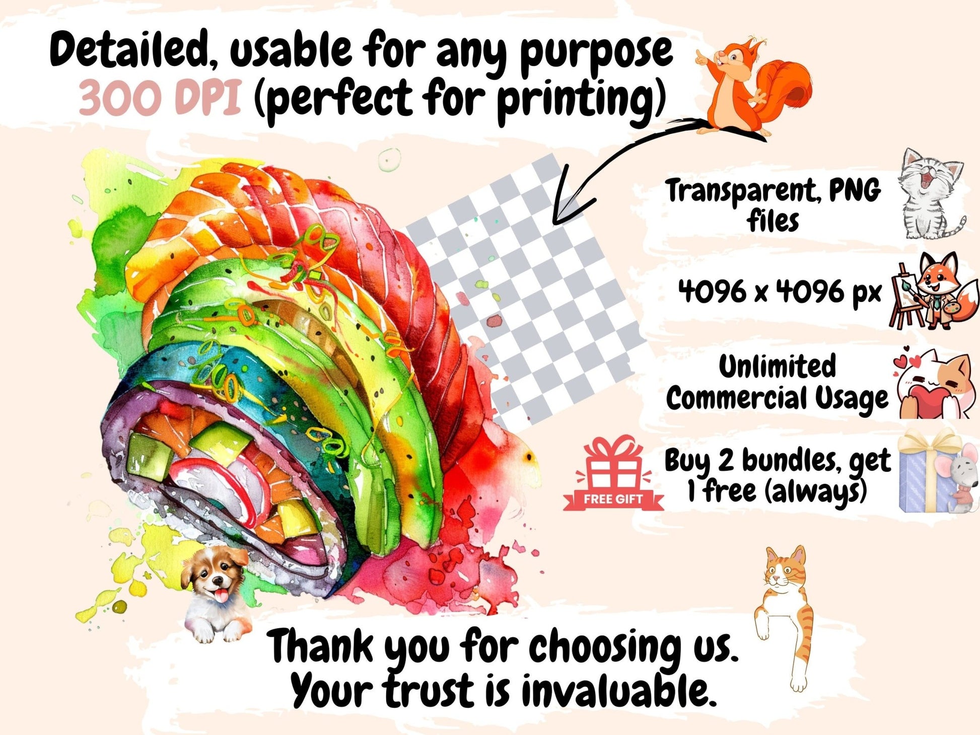 Sushi Watercolor Clipart - High - Quality Instant Digital Download for Creative Projects