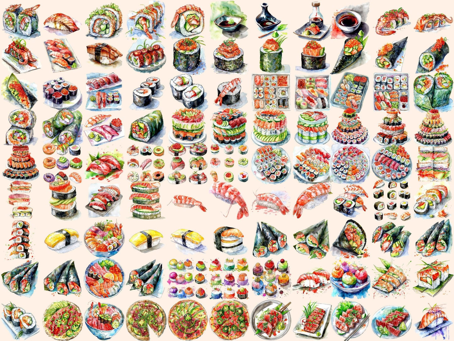 Sushi Watercolor Clipart - High - Quality Instant Digital Download for Creative Projects