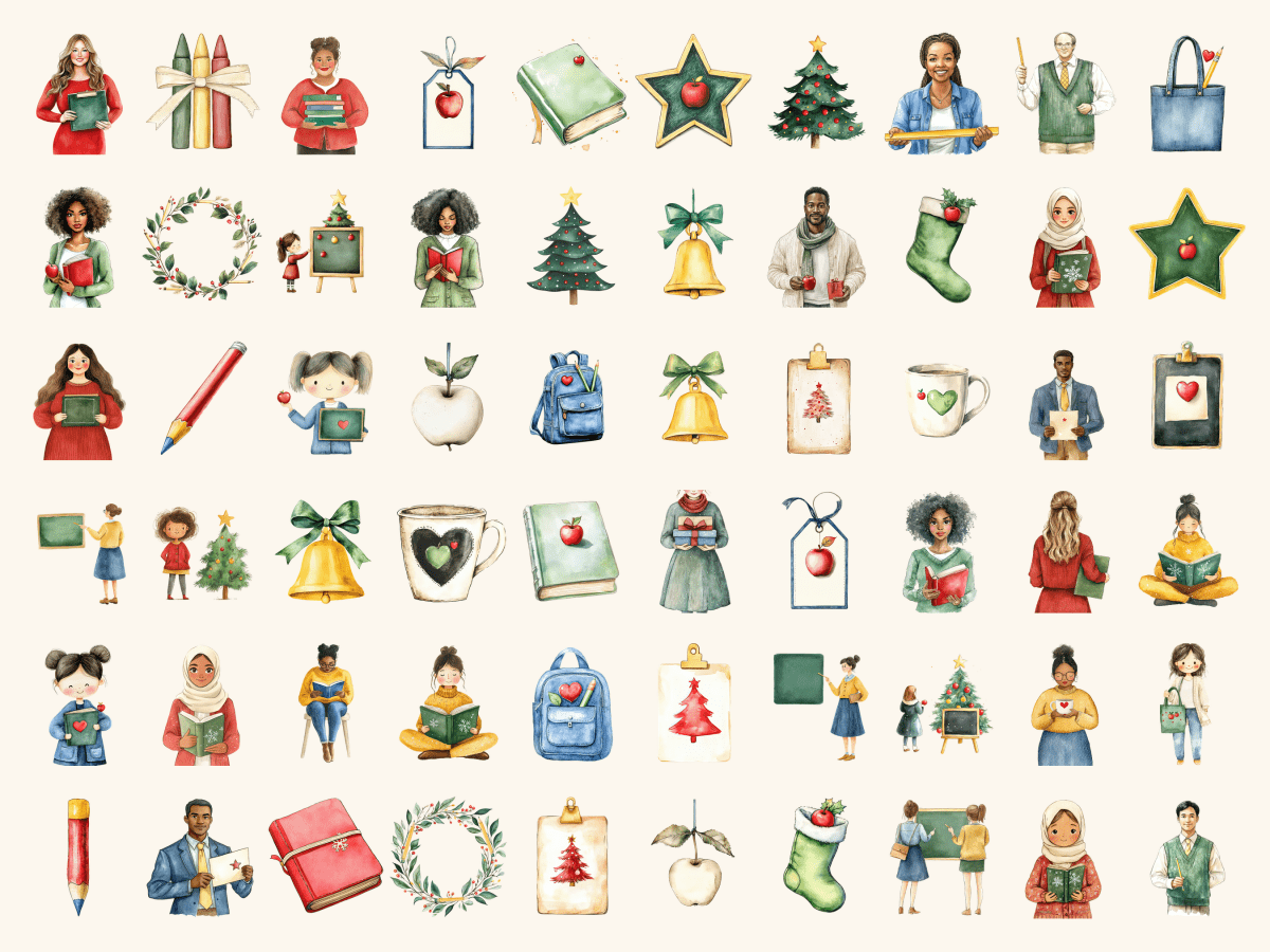 Teacher Christmas Watercolor Clipart All Bundles Clipart Line Art - WondersArtist